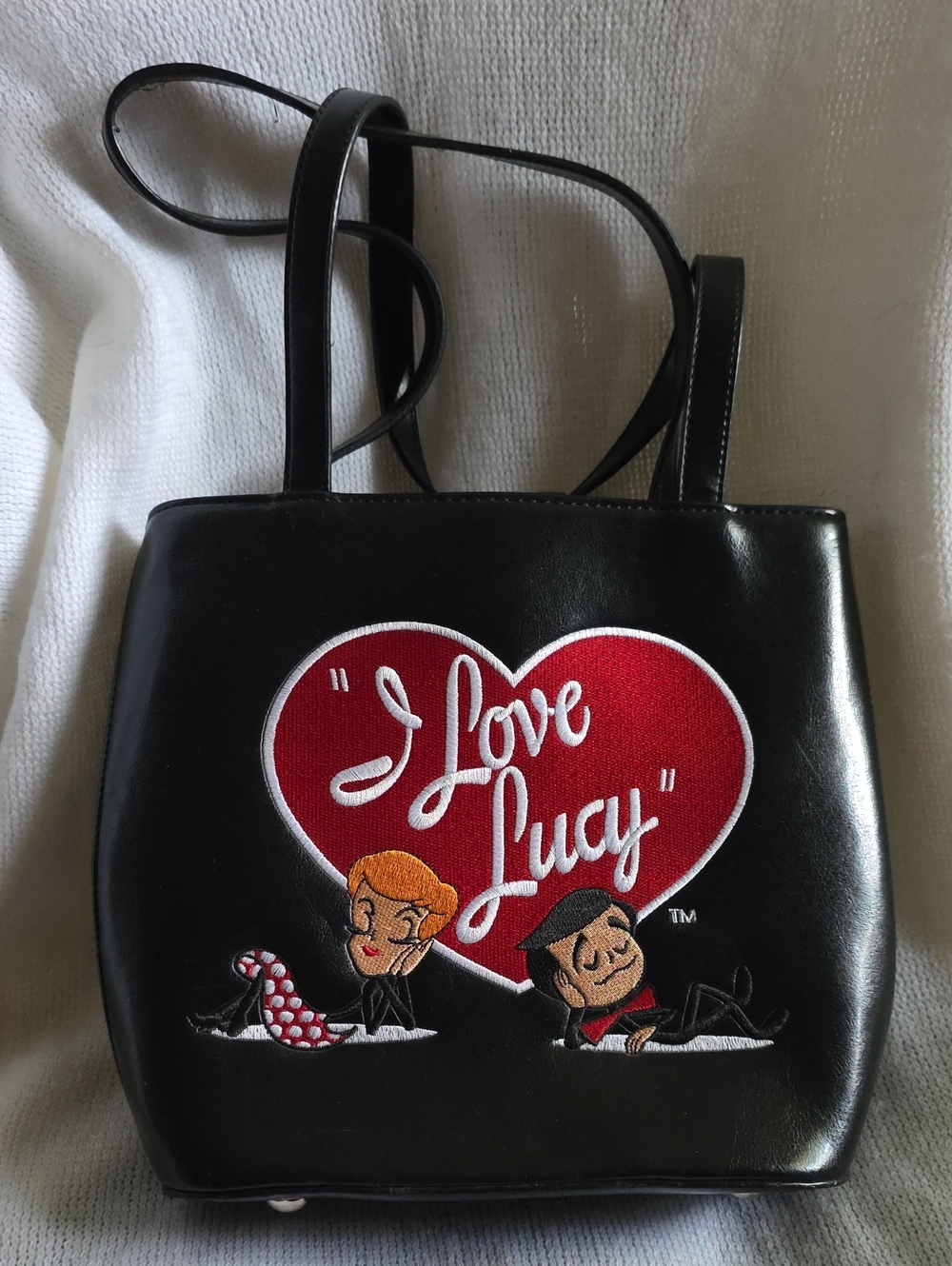 Black Mini Tote Bag with Red 'I Love Lucy' Heart Embroidery. NWOT